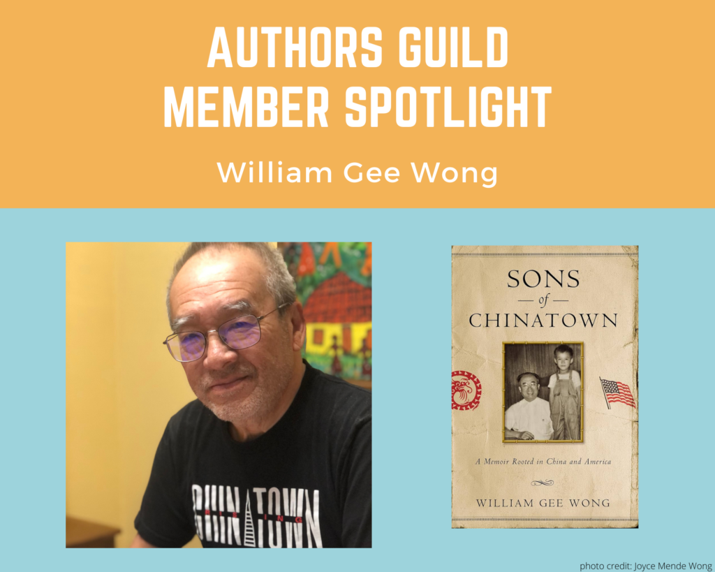 author William Gee Wong and an image of his book Sons of Chinatown