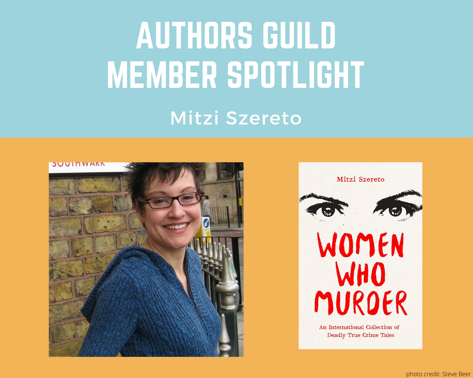 author Mitzi Szereto and an image of her book Women Who Murder