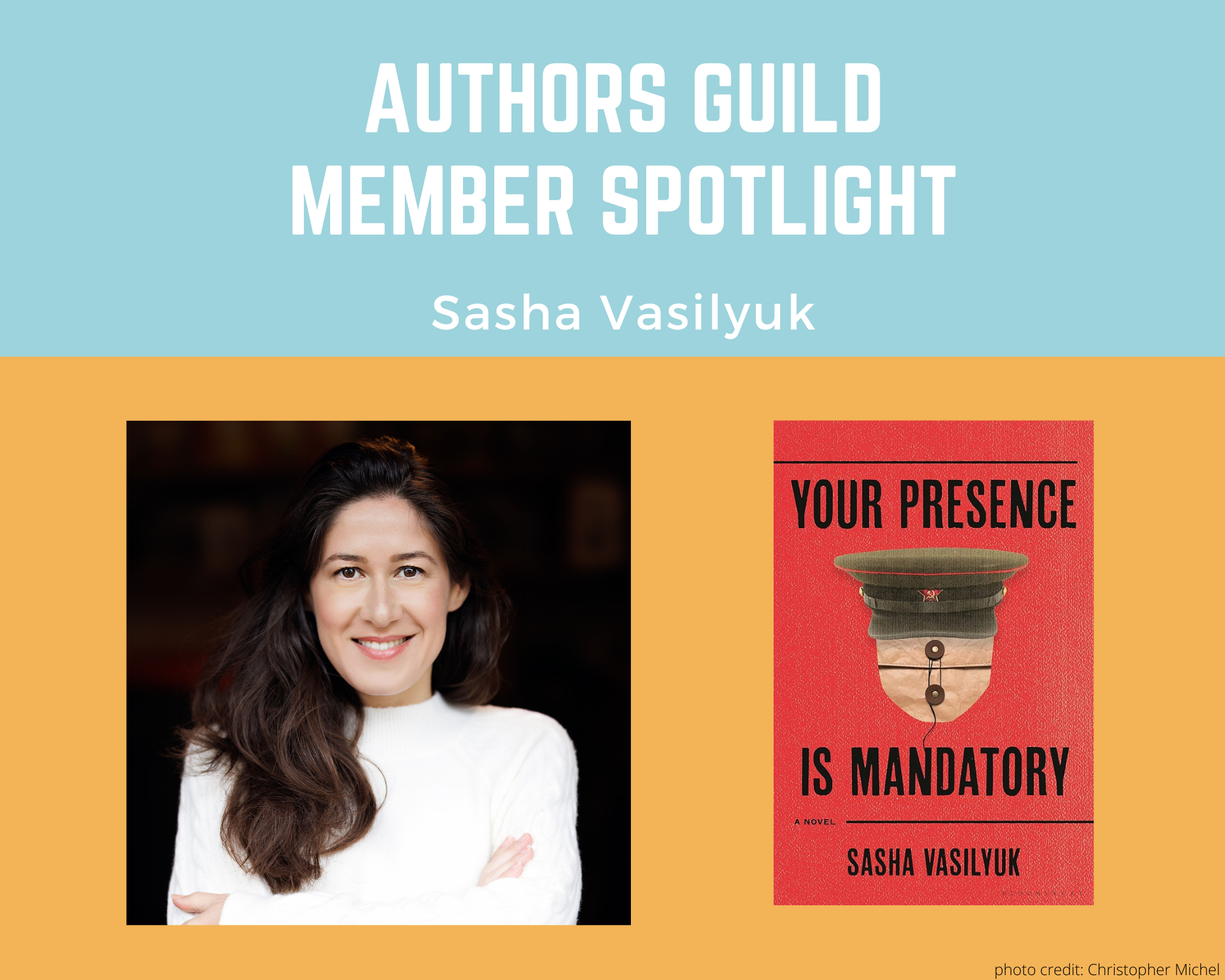 author Sasha Vasilyuk and an image of her book Your Presence Is Mandatory