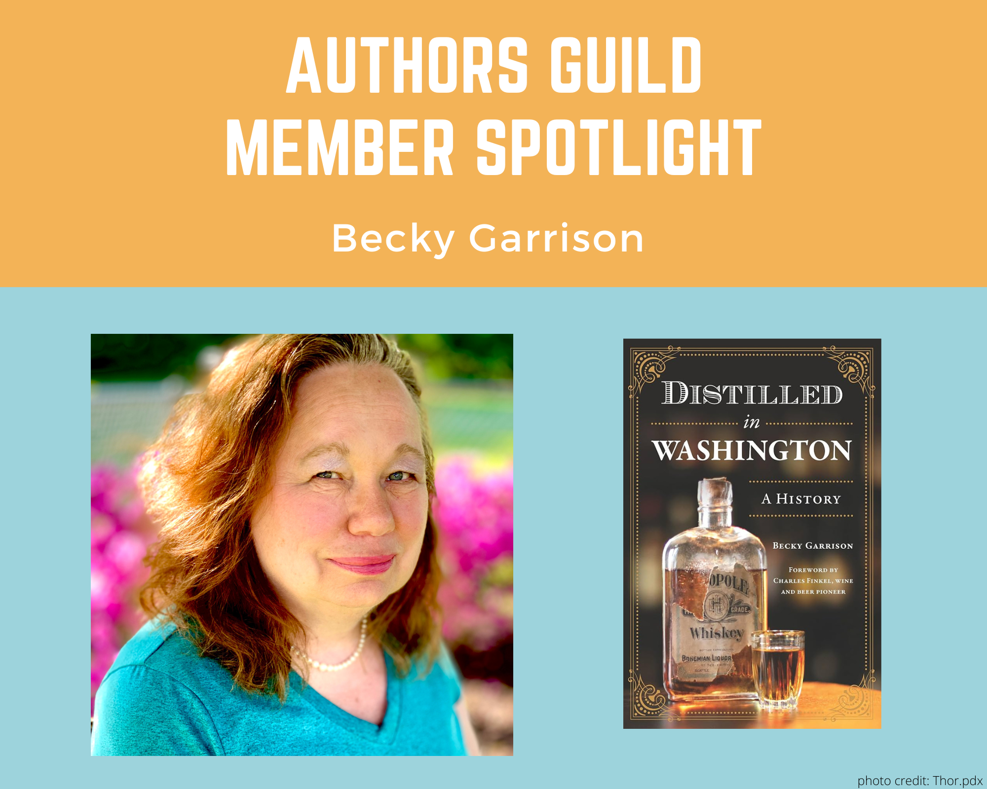 author Becky Garrison and an image of her book Distilled in Washington