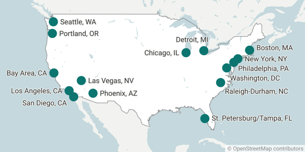 U.S. map showing green pins for locations of regional chapters (listed below)