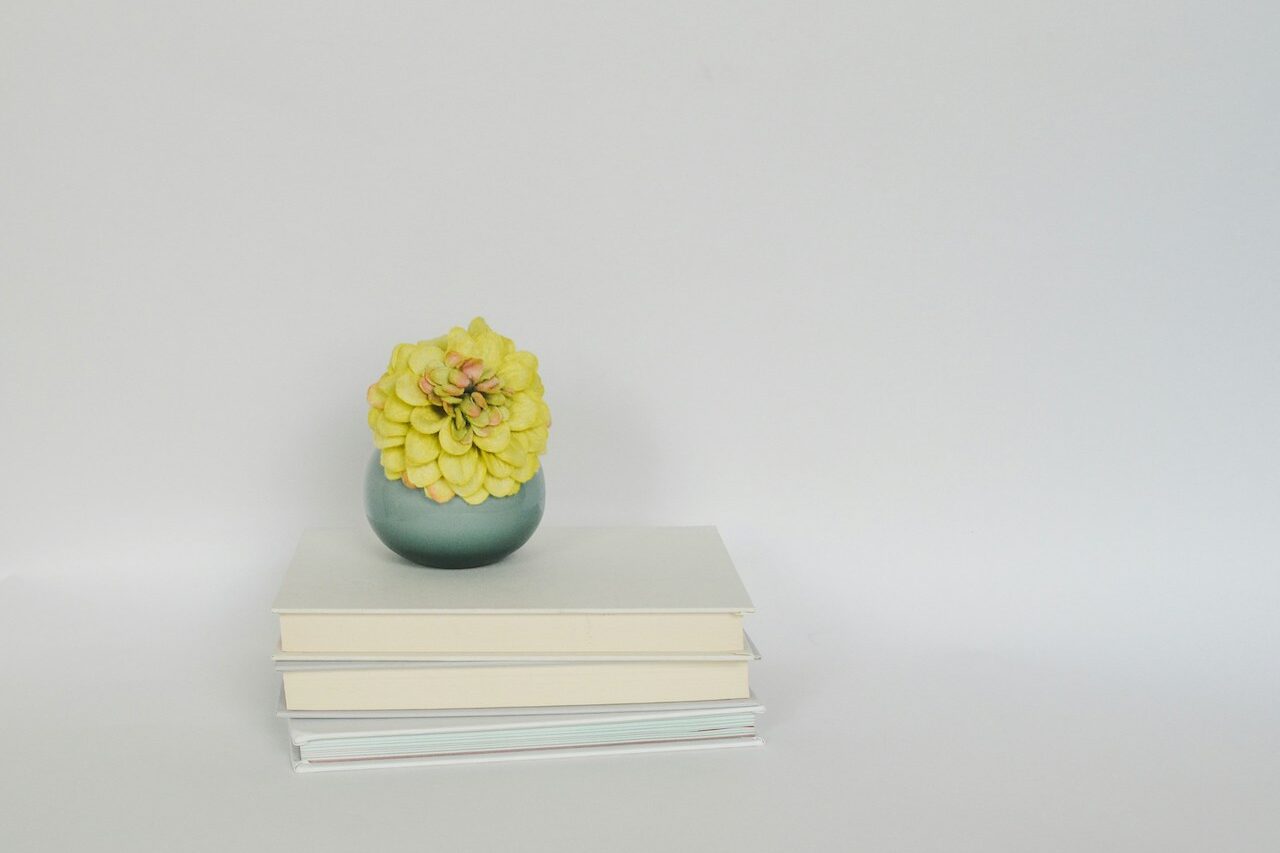 A stack of three light colored books against a white background with a blue vase holding a yellow flower sitting on top.