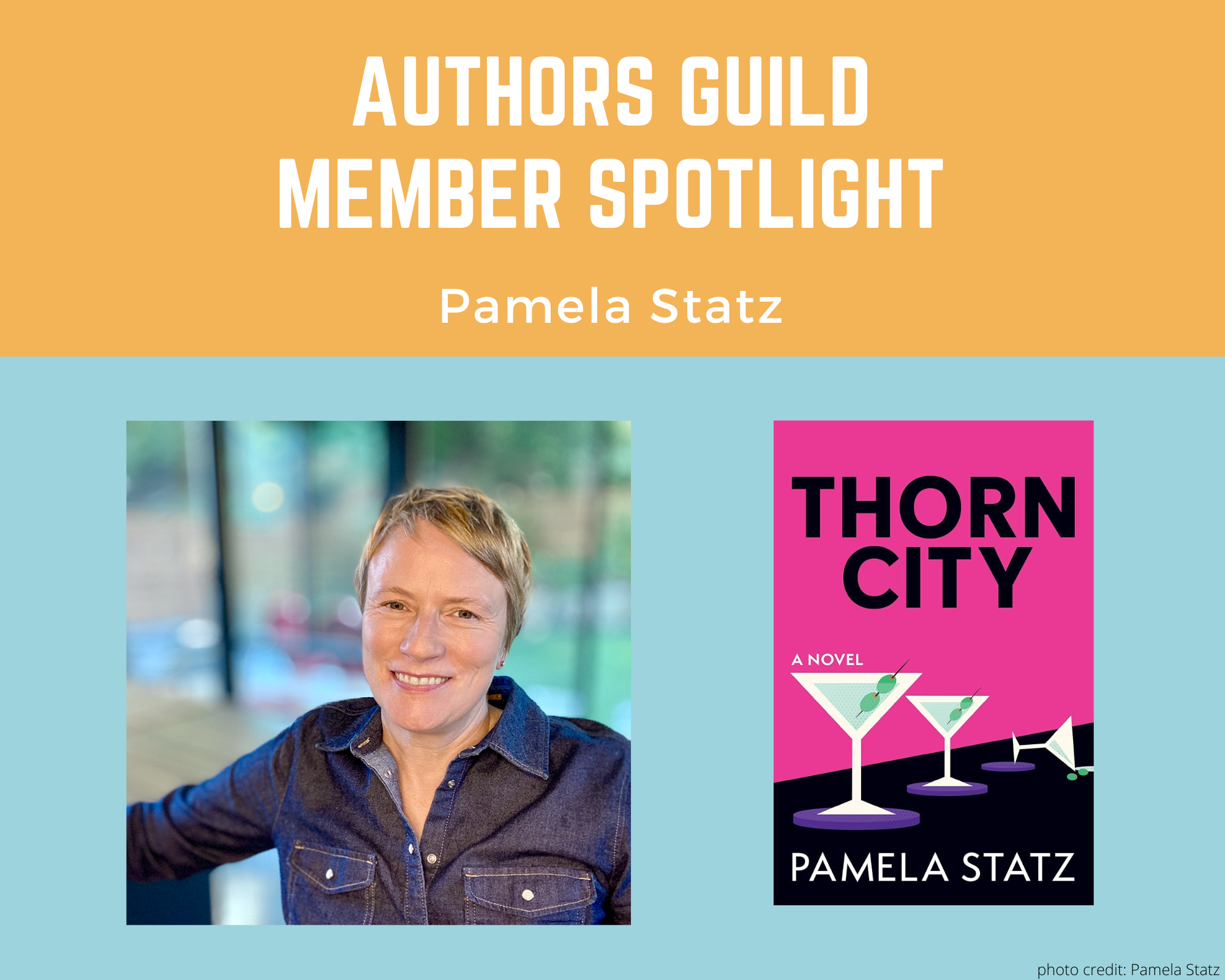 author Pamela Statz and an image of her book Thorn City