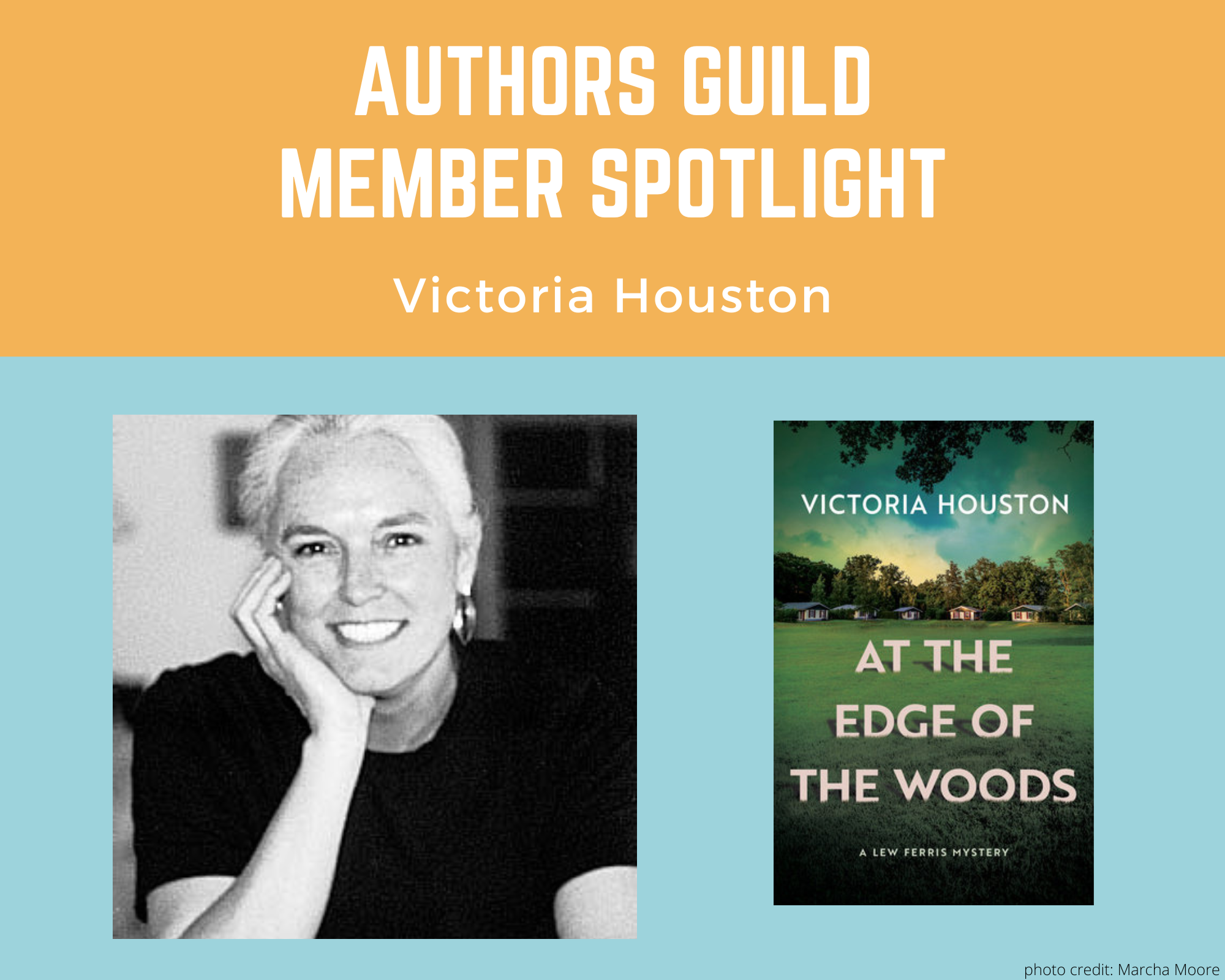 author Victoria Houston and an image of her book At the Edge of the Woods