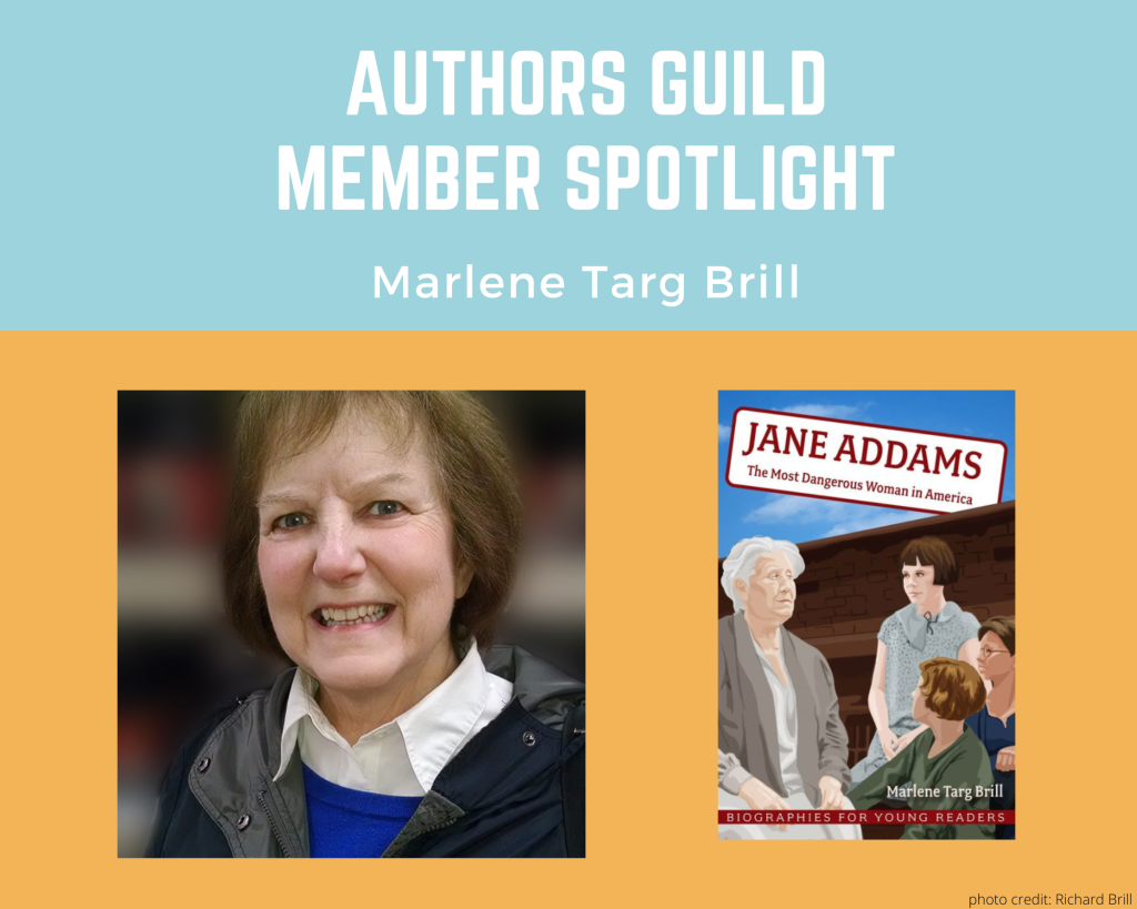 author Marlene Targ Brigg and an image of her book Jane Addams: The Most Dangerous Woman in America