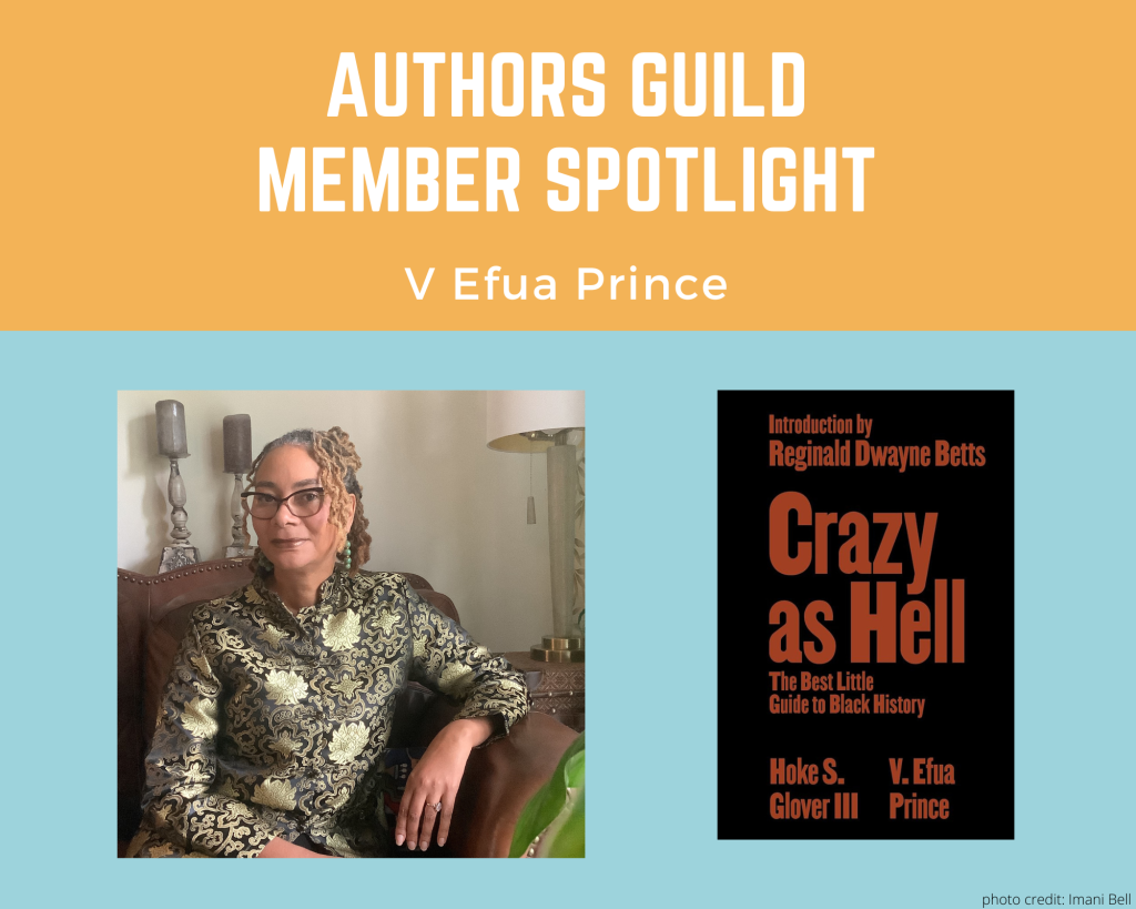 author V Efua Prince and an image of her book Crazy as Hell