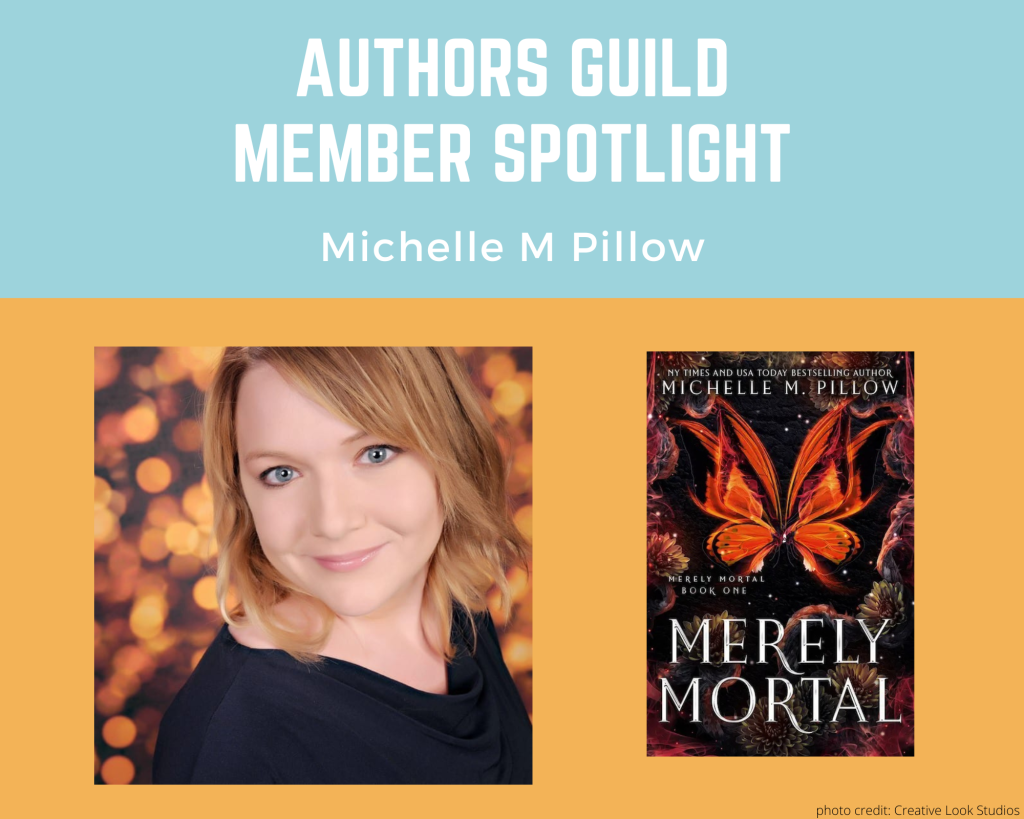 author Michelle M Pillow and an image of her book Merely Mortal