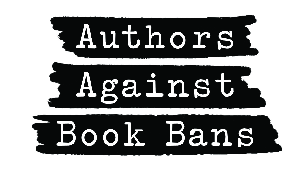 Authors Against Book Bans logo: Text in white monospaced typewriter font on a black background