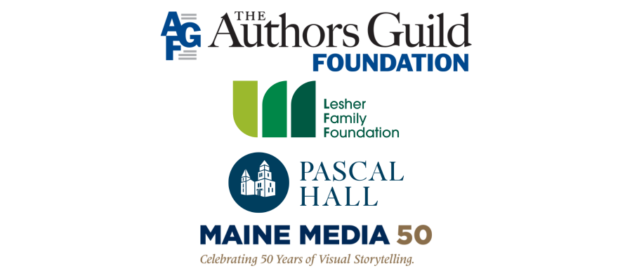 Logos of the Authors Guild Foundation, Lesher Family Foundation, Pascal Hall, and Maine Media + Workshops