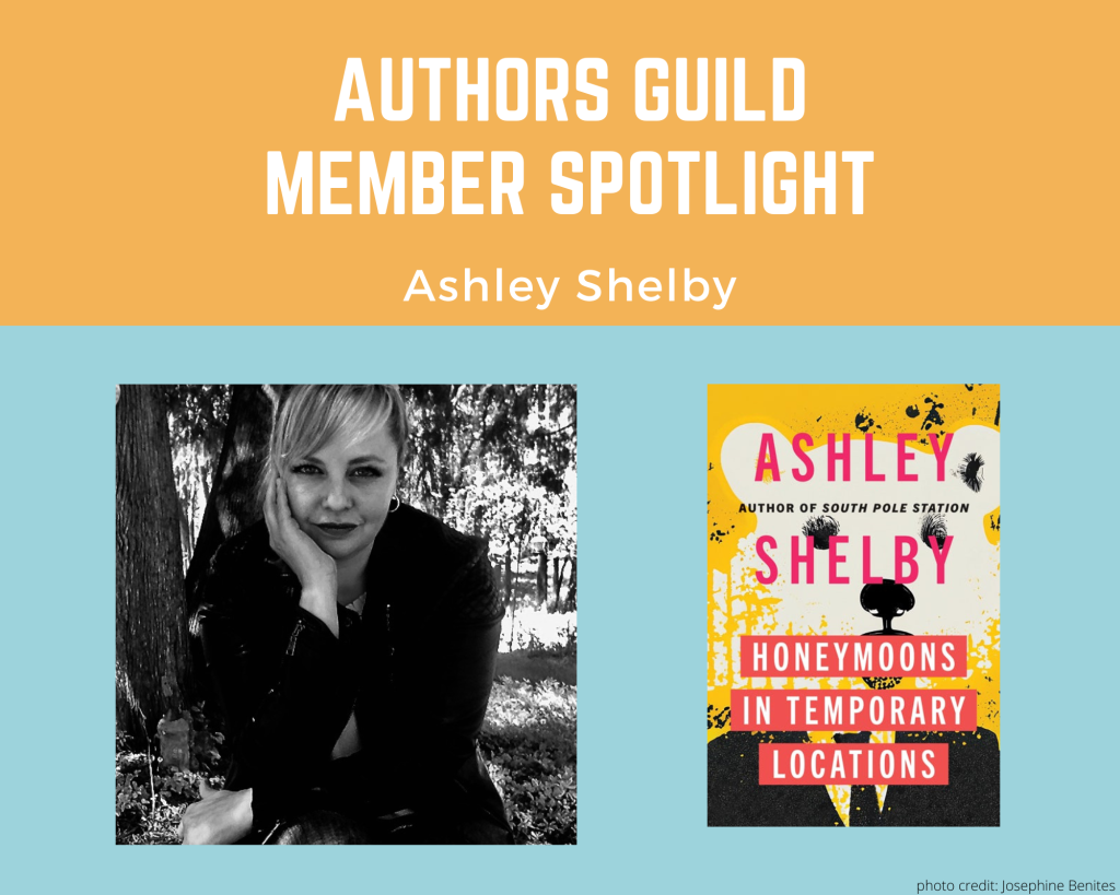 author Ashley Shelby and an image of her book Honeymoons in Temporary Locations