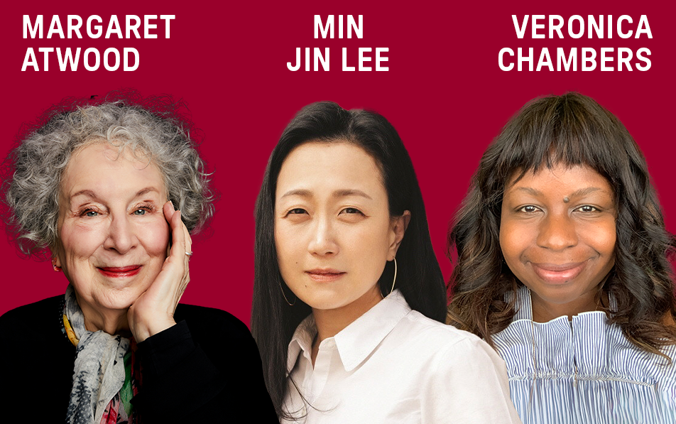 Photos of Margaret Atwood, Min Jin Lee, and Veronica Chambers on a red background