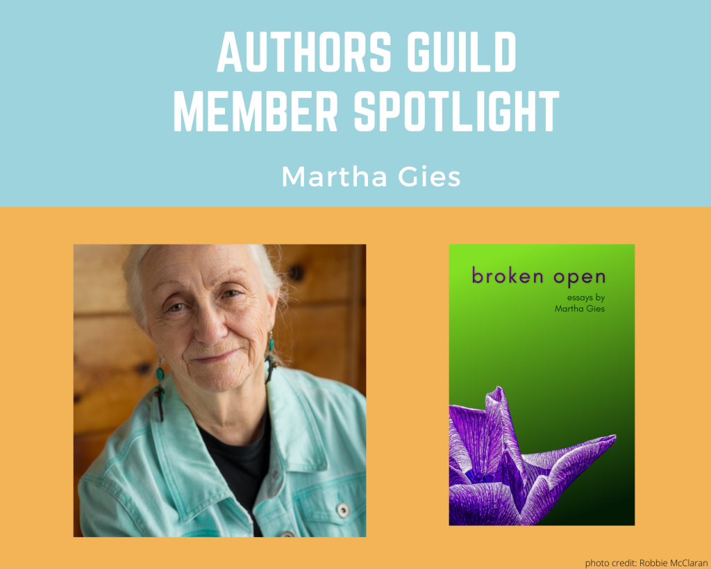 author Martha Gies and an image of her book Broken Open