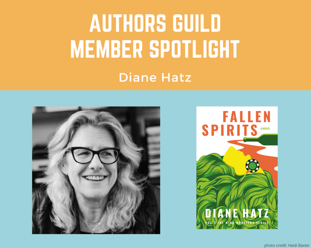 author Diane Hatz and an image of her book Fallen Spirits