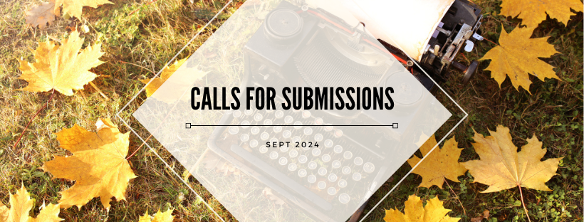 typewriter on grass surrounded by fall leaves, with an overlay that says calls for submissions sept 2024