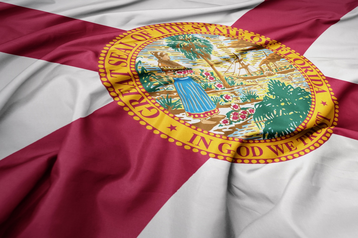 Close up of the Florida state flag with the Great Seal of the State of Florida in gold over a red X on a white background