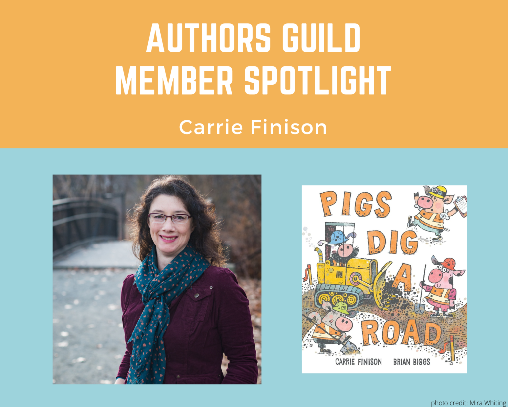 author Carrie Finison and an image of her book Pigs Dig a Road