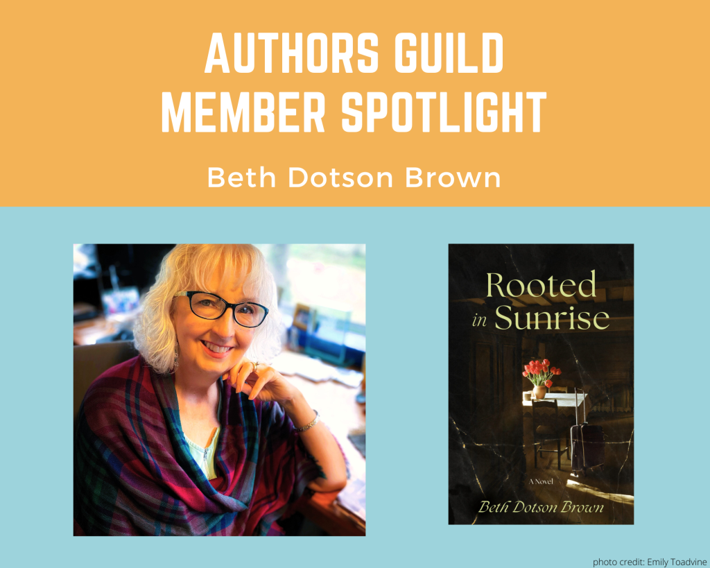 author Beth Dotson Brown and an image of her book Rooted in Sunrise