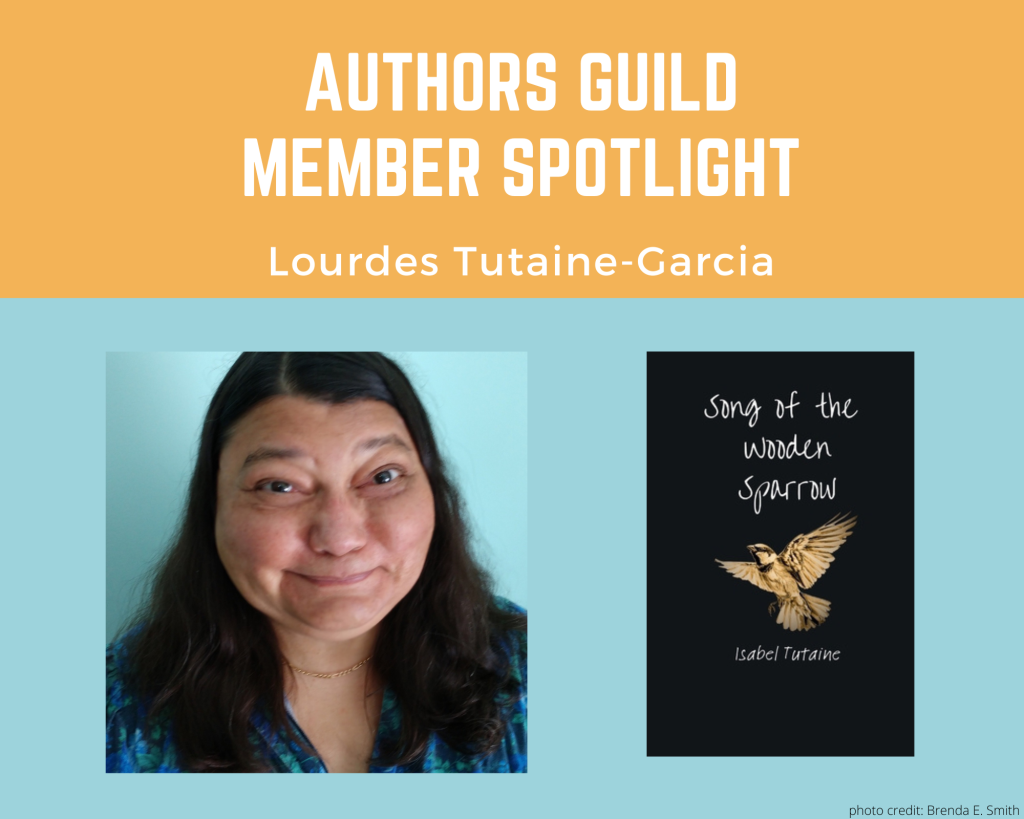 author Lourdes Tulaine Garcia and an image of her book Song of the Wooden Sparrow