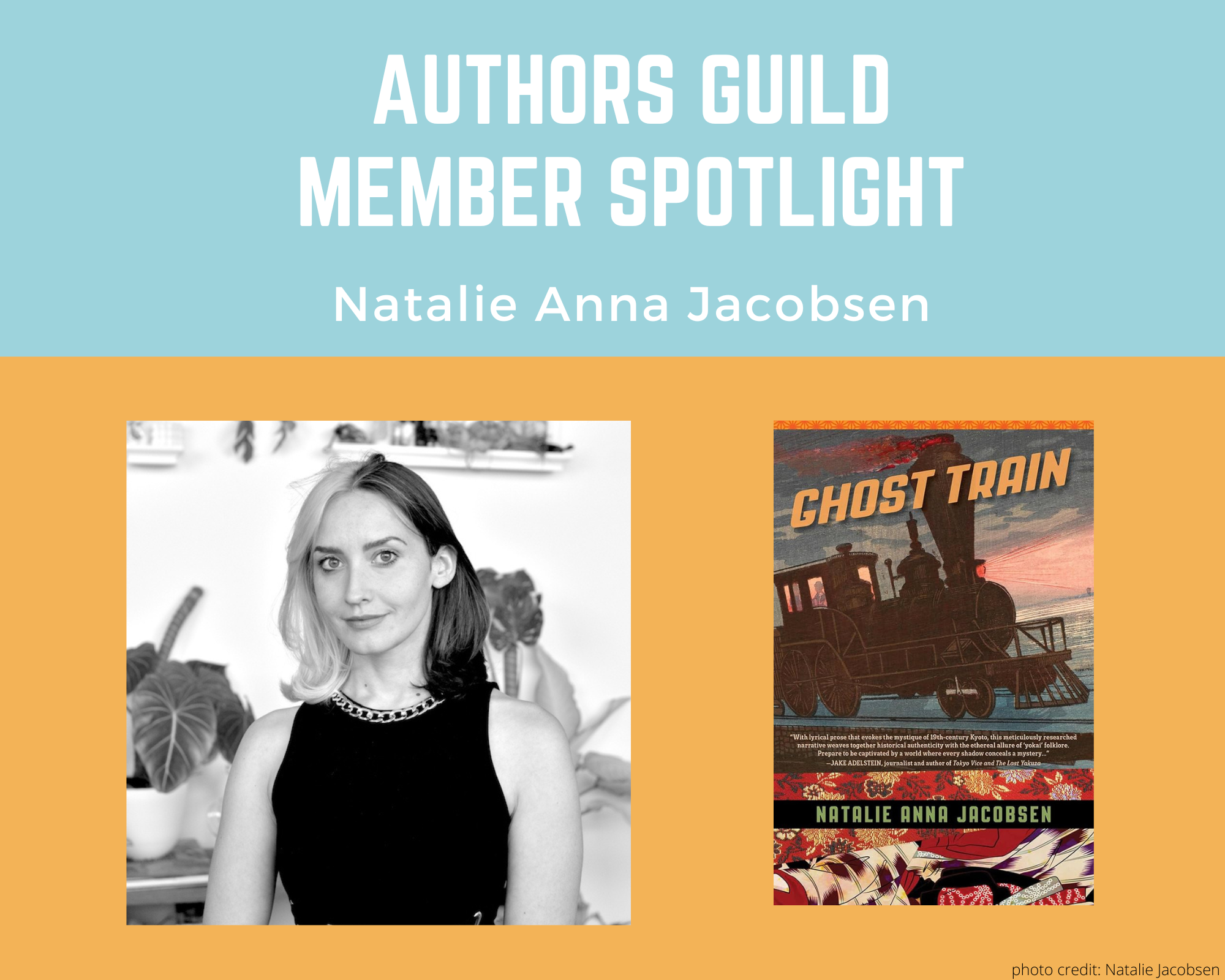 author Natalie Anna Jacobsen and an image of her book Ghost Train