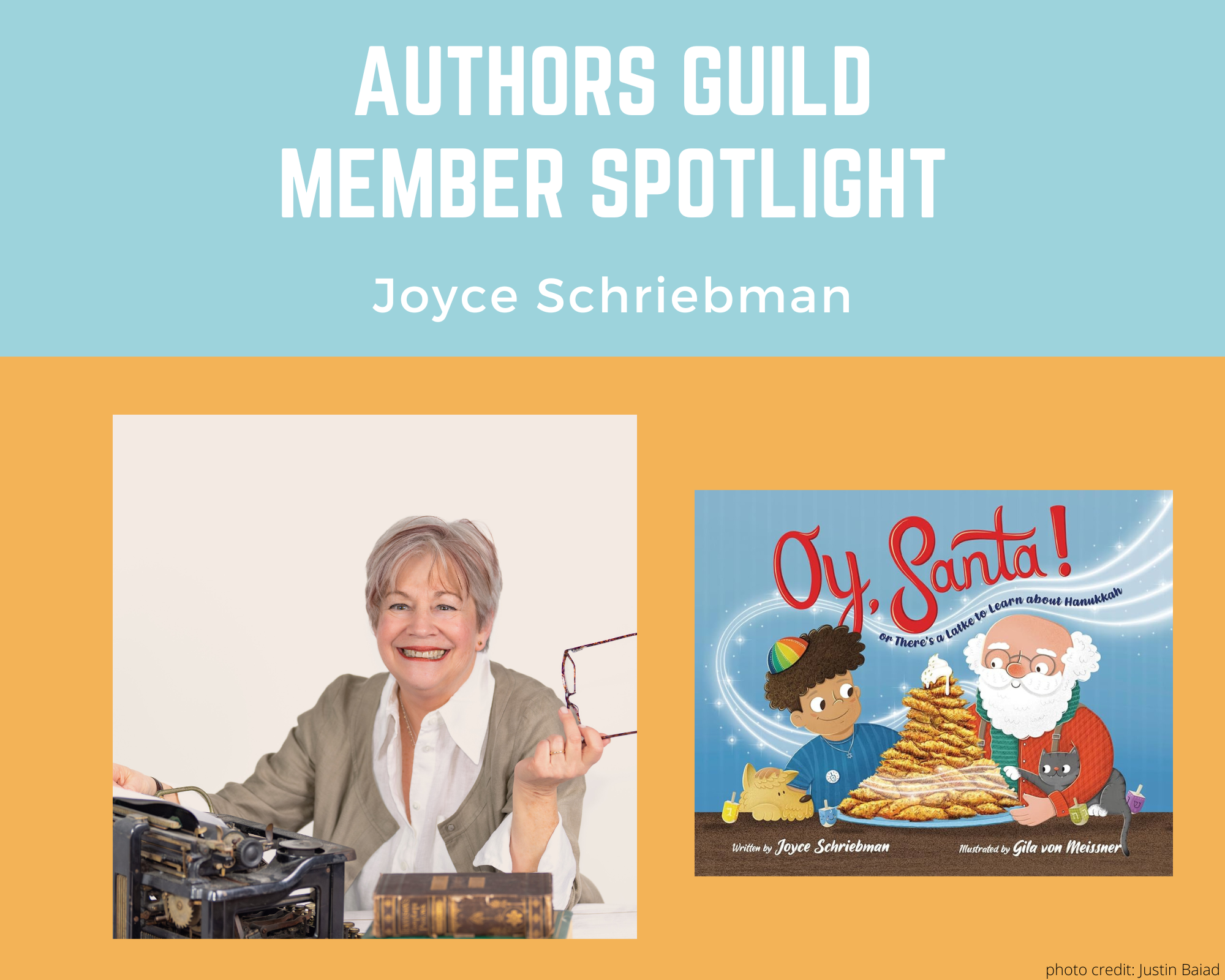 author Joyce Schriebman and an image of her book Oy, Santa!: Or, There's a Latke to Learn about Hanukkah