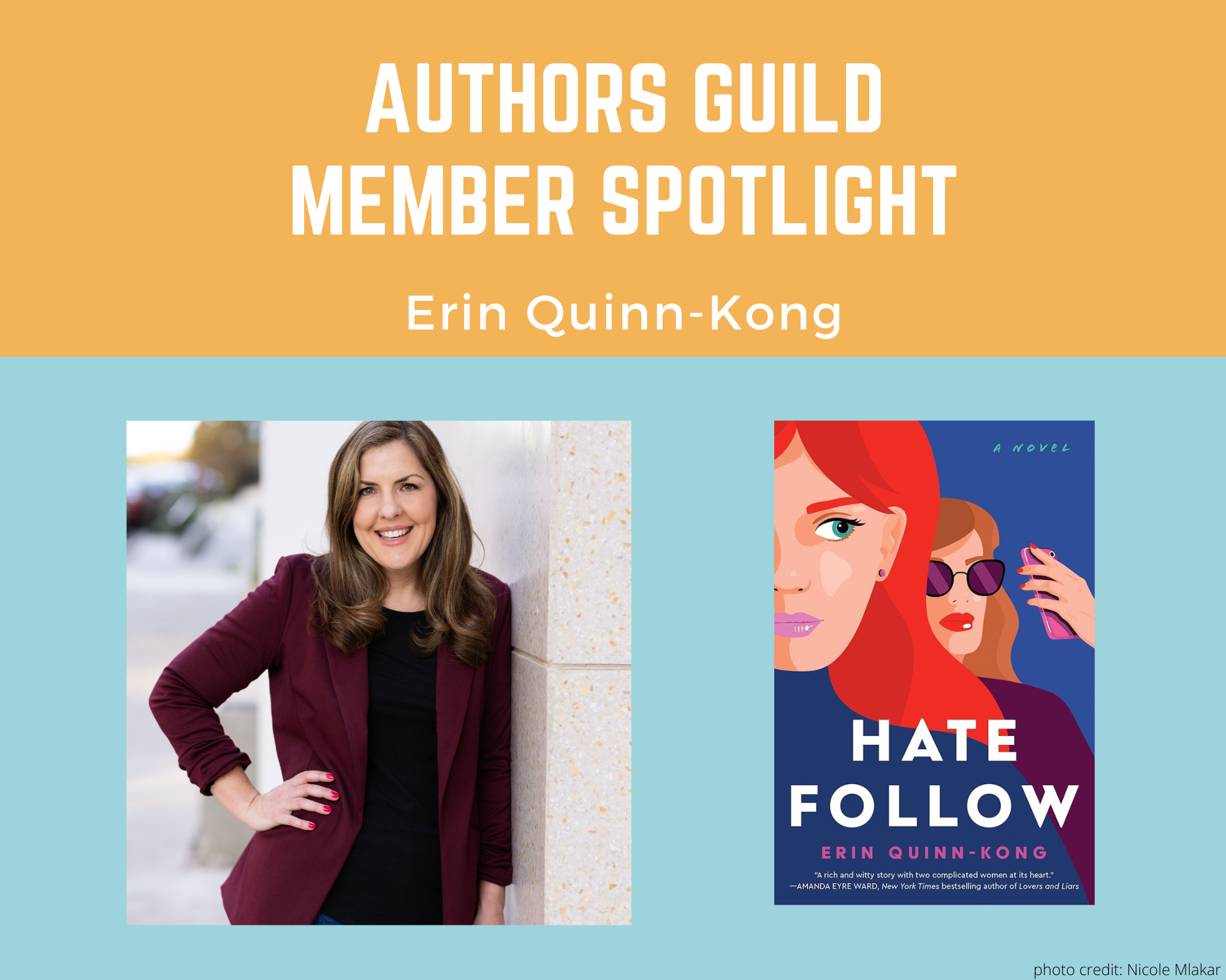 author Erin Quinn-Kong and her book Hate Follow