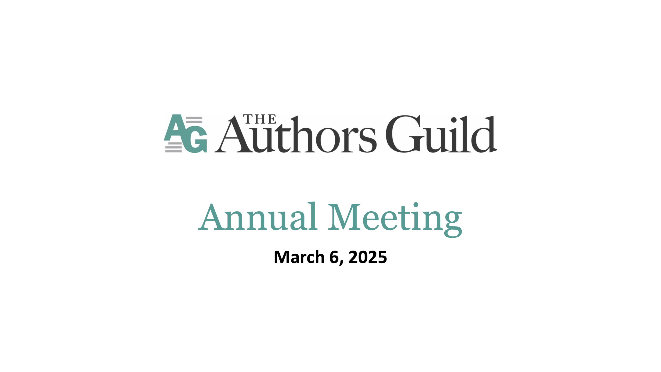 Black and teal text reading Authors Guild Annual Meeting, March 6, 2025