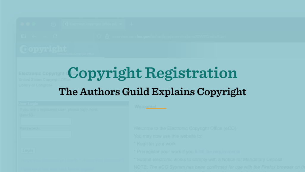 Screenshot of the US Copyright Office website with the headline Copyright Registration: The Authors Guild Explains Copyright