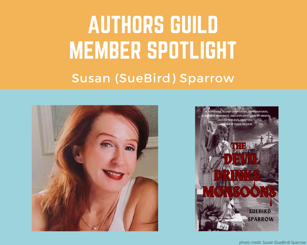 author Susan (SueBird) Sparrw and her book The Devil Drinks Monsoons