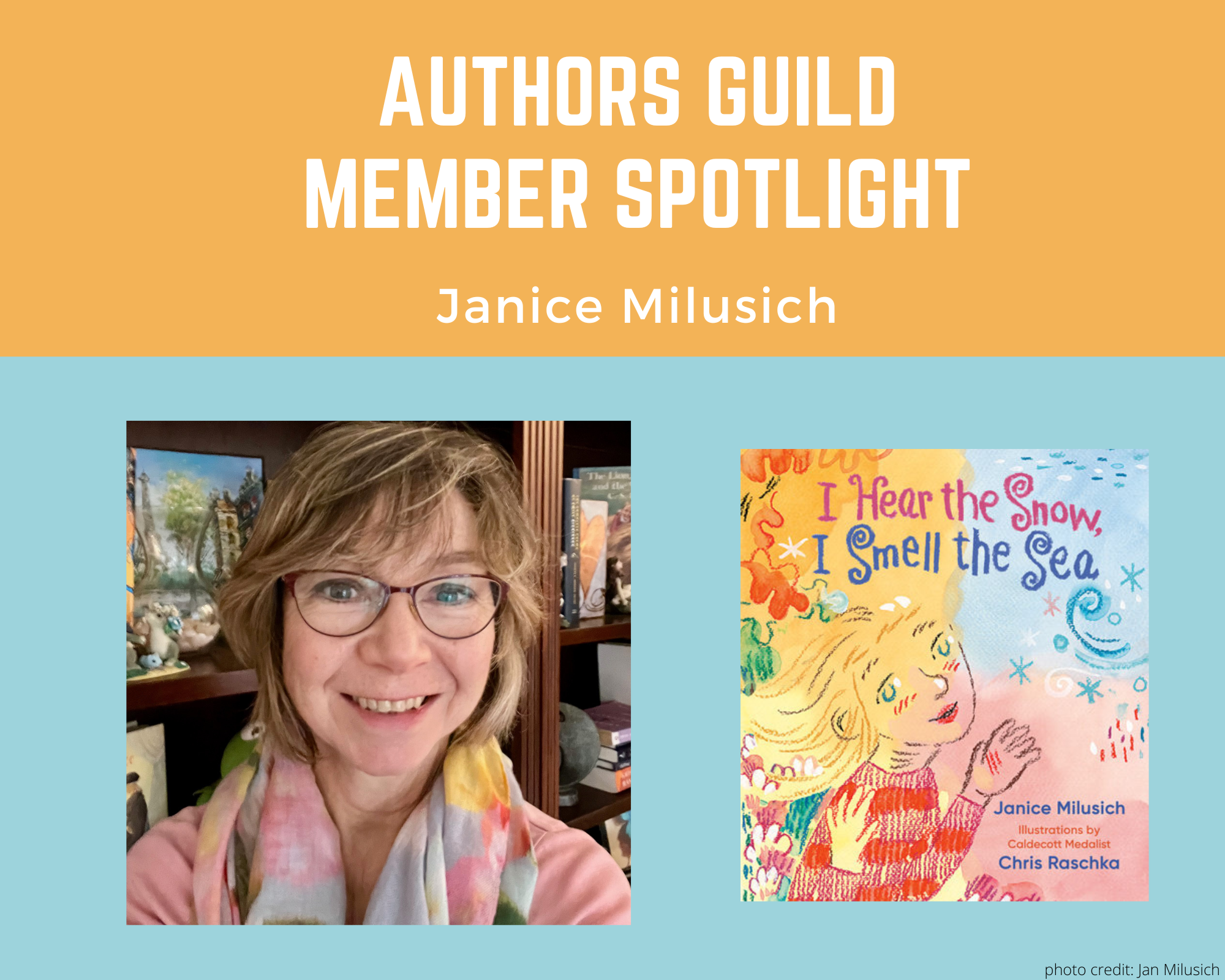 author Janice Milusich and her book I Hear the Snow, I Smell the Sea