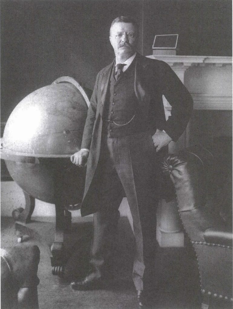 Black and white portrait of U.S. President Theodore Roosevelt, the first vice-president of the League