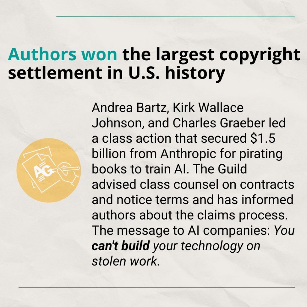 Text: Authors won the largest copyright settlement in U.S. history Andrea Bartz, Kirk Wallace Johnson, and Charles Graeber led a class action that secured $1.5 billion from Anthropic for pirating books to train AI. The Guild advised class counsel on contracts and notice terms and has informed authors about the claims process. The message to AI companies: You can't build your technology on stolen work.