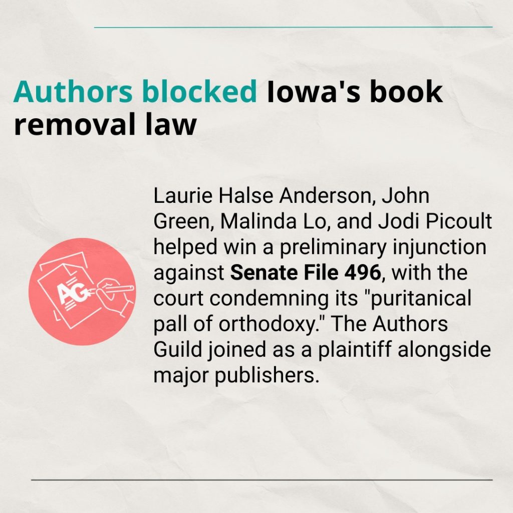 Text: Authors blocked Iowa's book removal law Laurie Halse Anderson, John Green, Malinda Lo, and Jodi Picoult helped win a preliminary injunction against Senate File 496, with the court condemning its "puritanical pall of orthodoxy." The Authors Guild joined as a plaintiff alongside major publishers.