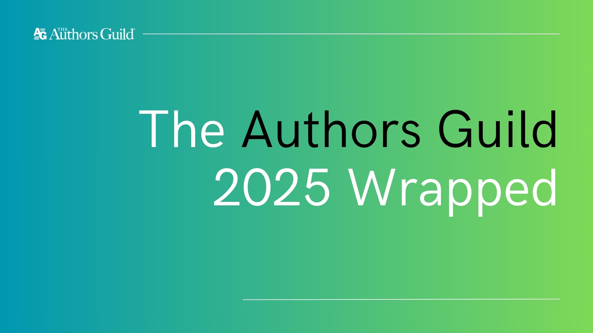 Gradient background transitioning from blue to green with the Authors Guild logo and text: The Authors Guild 2025 Wrapped