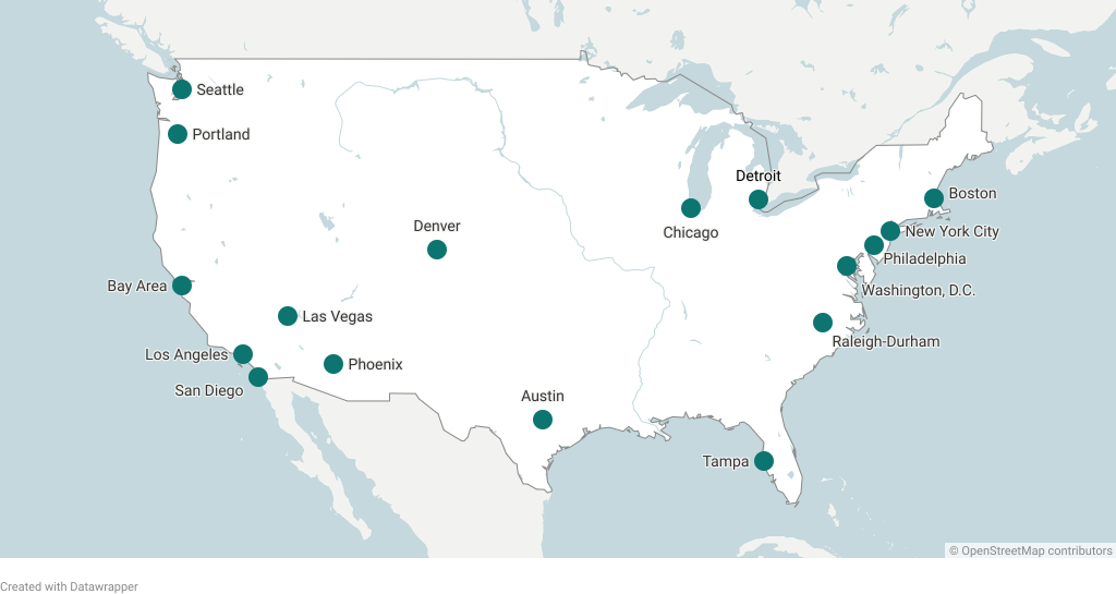 Map of the United states with teal markers showing chapter locations