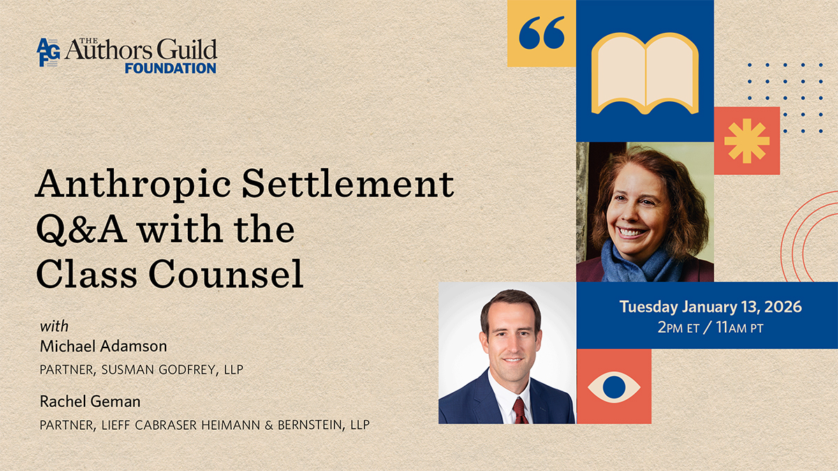 Event flyer for "Anthropic Settlement Q&A with the Class Counsel" featuring photos of Michael Adamson and Rachel Geman set to a tan background, scheduled for January 13, 2026, at 2PM ET.
