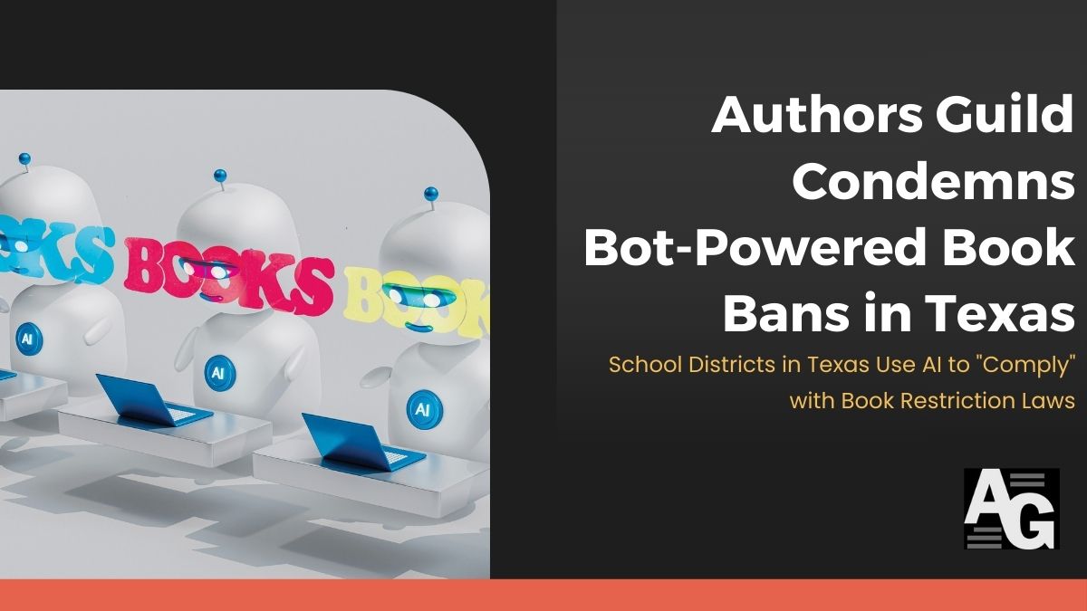 Illustration of robots with "AI" labels using laptops, surrounded by floating "BOOKS" text. Adjacent text: "Authors Guild Condemns Bot-Powered Book Bans in Texas."