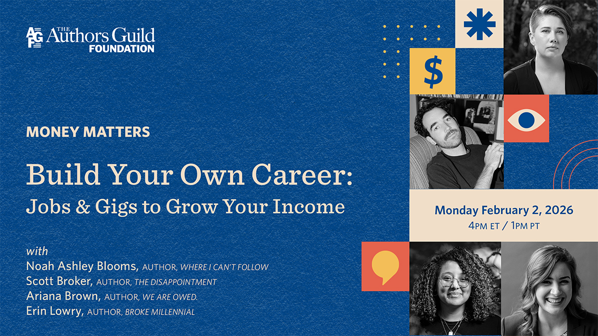 Image with dark blue background, four author photos in black and white, announcing a webinar about "Building Your Own Career," part of the Money Matters series by Erin Lowry