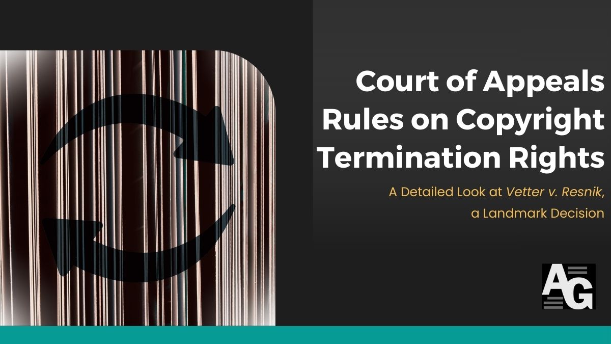 Photo of Court of Appeals rules on copyright termination rights. Background consists of bold, dark arrows on vertical striped pages.