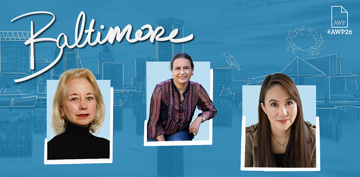 Blue banner featuring #AWP26 and panelist headshots in front of the Baltimore skyline
