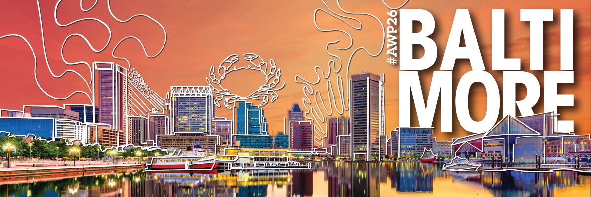 Colorful banner featuring #AWP26 and the Baltimore harbor in front of an orange gradient