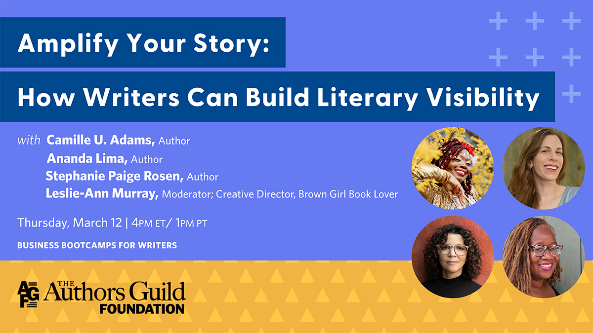 Image with a blue background promoting a webinar titled "Amplify Your Story: How Writers Can Build Literary Visibility."