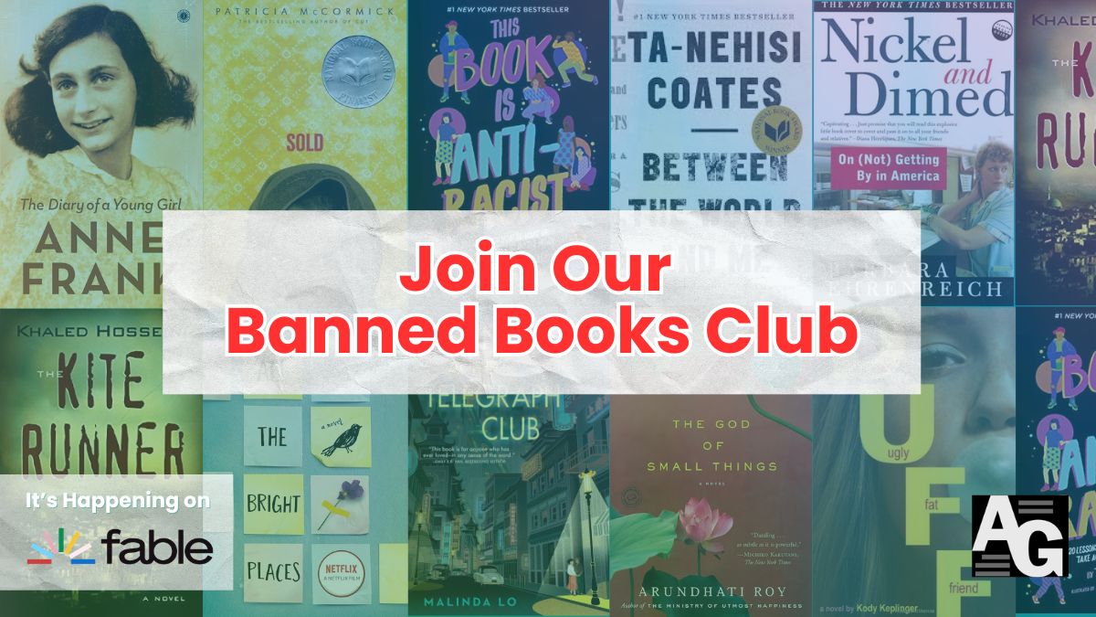 Image of a group of frequently banned books as a background and the text "Join Our Banned Books Club" front and center, amid a soft green glow