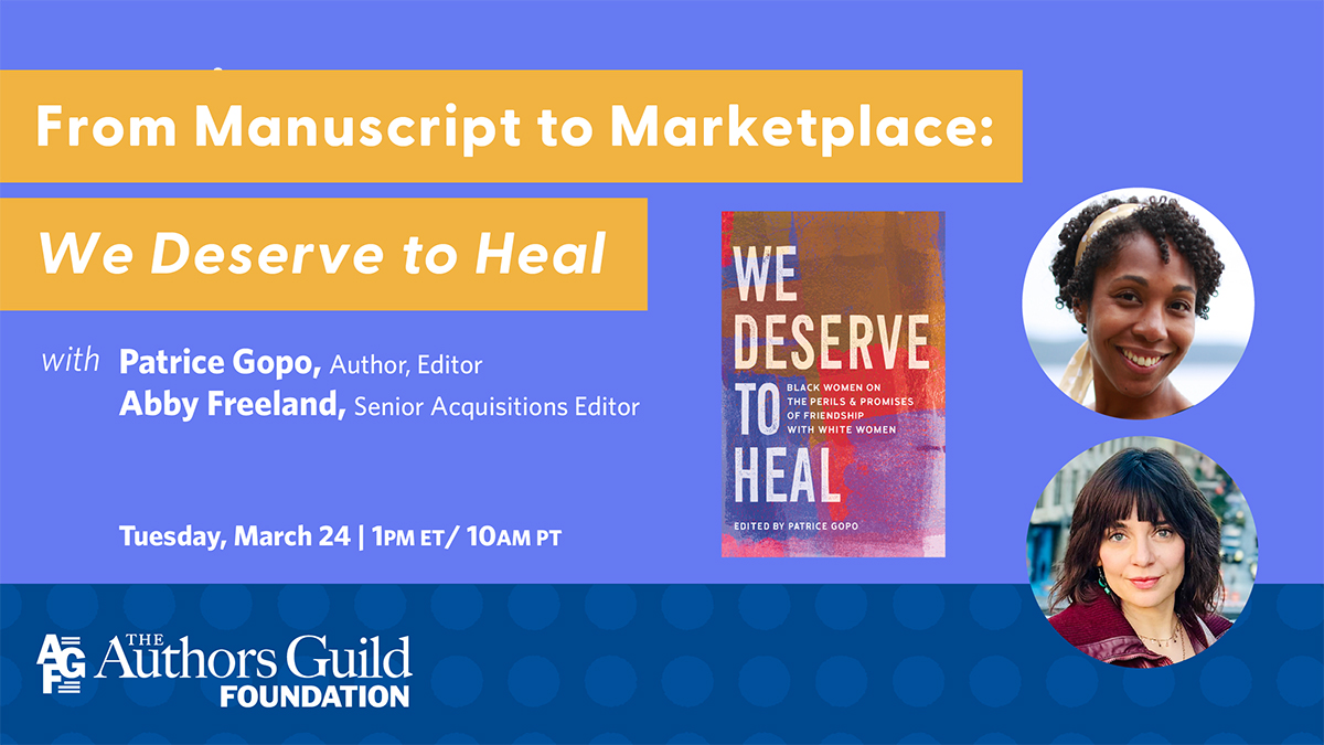 Blue background advertising From Manuscript to Marketplace, a discussion about the path to publication, for Patrice Gopo's We Deserve to Heal