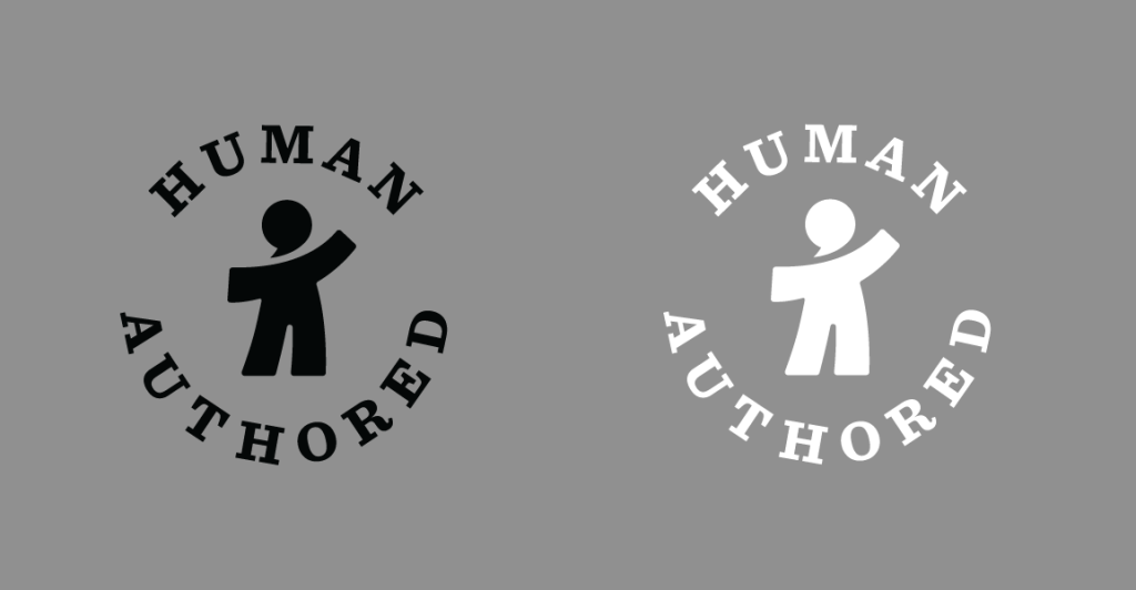 Black and white versions of the Human Authored certification mark on a gray background