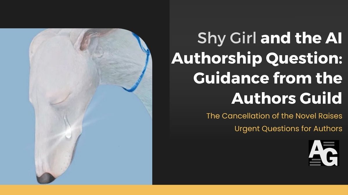 Black background with cover image of Mia Ballard's Shy Girl set next to a headline that reads "Shy Girl and the AI Authorship Question: Guidance from the Authors Guild"