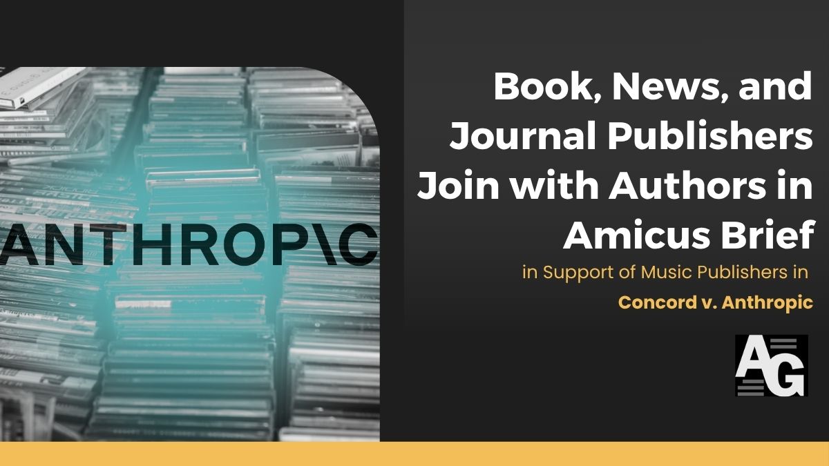Dark background with green hue cast against a grouping of compact disc cases, Anthropic logo imprinted on top alongside a headline that reads "Book, News, and Journal Publishers Join with Authors in Amicus Brief in Support of Music Publishers in Concord v. Anthropic"
