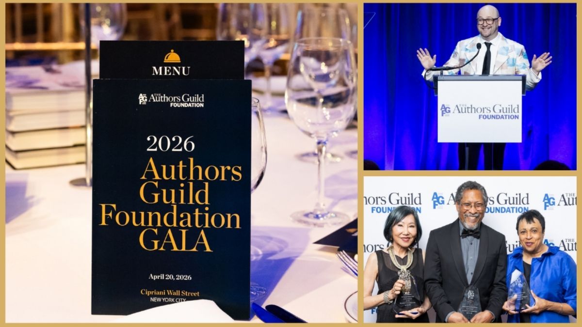Grouping of three images from the 2026 Authors Guild Foundation Gala, including a close up of a table setting, host Josh Gondelman, and awardees Amy Tan, Percival Everett, and Dr. Carla Hayden