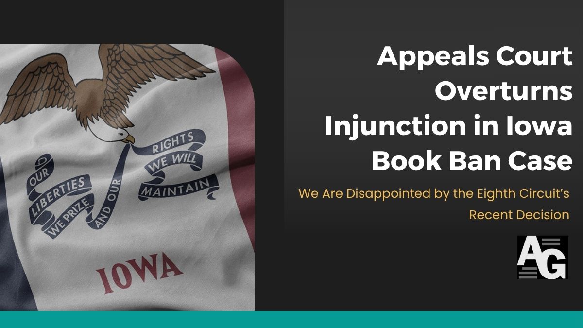 Flag design set to dark background with the header declaring "Authors Guild Acknowledges Partial Victory in Iowa Book Ban Case"
