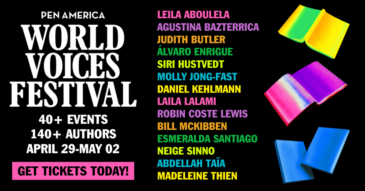 Black background with colorful randow books and hardcovers announcing the 2026 edition of PEN America's World Voices Festival