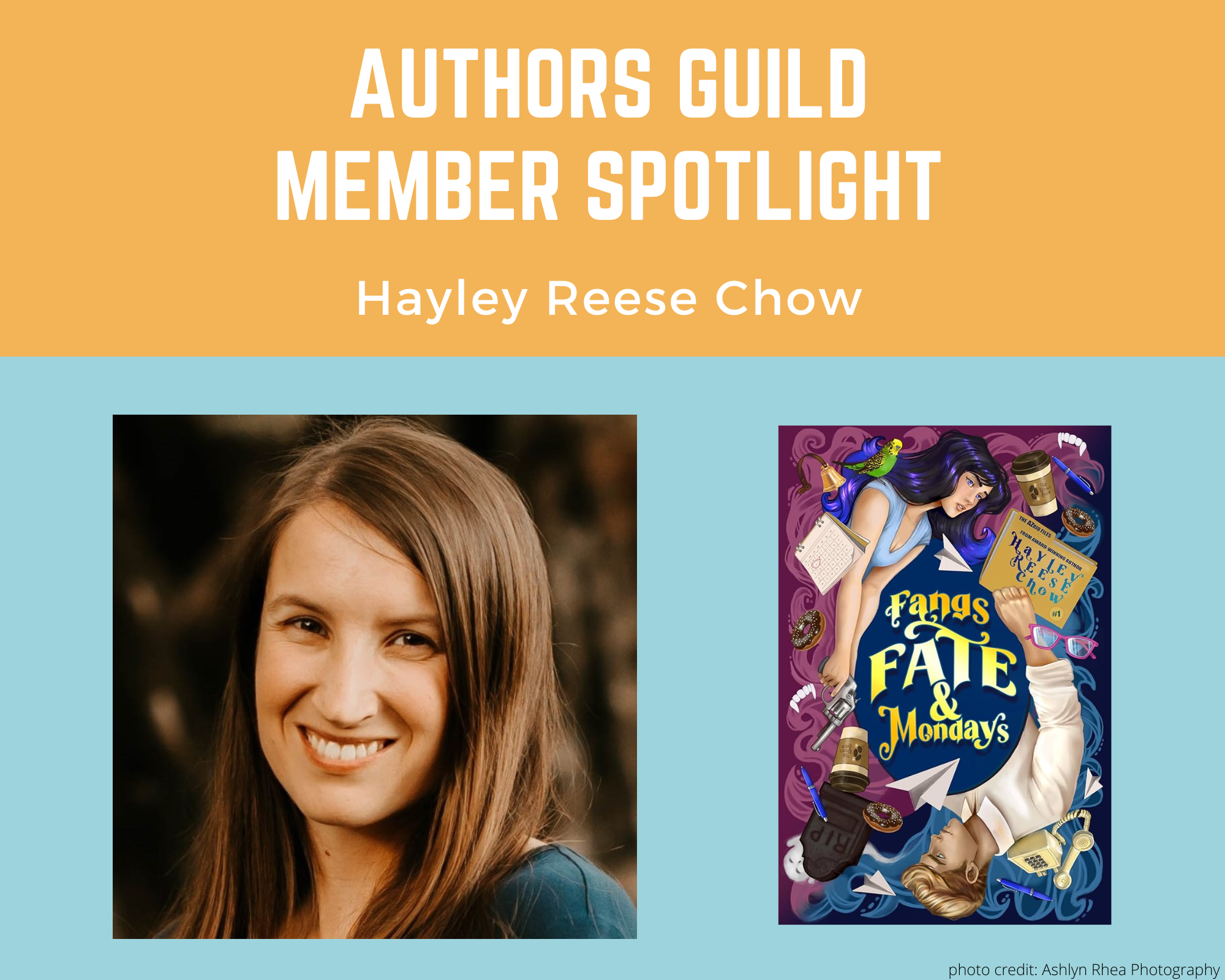 author Hayley Reese Chow and her book Fangs, Fate, and Mondays